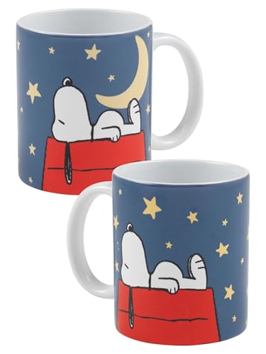 The Peanuts Snoopy - Taza de café (cerámica, 320 ml), diseño de luna y estrellas, color blanco y azul