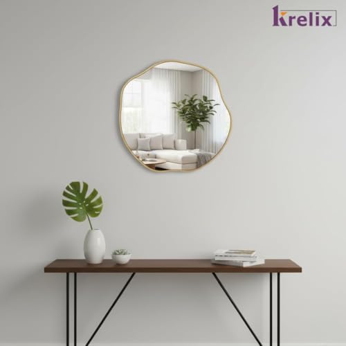 Image of 18 x 18 Inch Gold Irregular Wall Mirror - Modern Asymmetrical Design with Plastic Frame, Decorative Wall Mirror for Living Room, Bathroom, Bedroom & Entryway (Gold, Round)