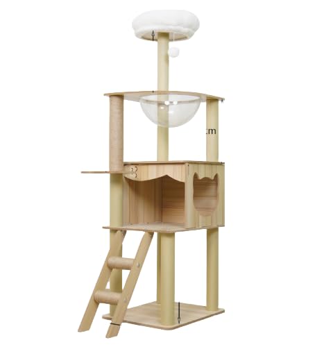 多頭飼い用キャットタワースタンド 宇宙船型 キャットタワー ハンモック 登りやすい 爪とぎ棒 木製 かわいい ペット用品 (T3,ナチュラル)