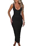 BEAGIMEG Women's Sexy Ruched Sleeveless Deep V Elegant Cocktail Evening Party Maxi dress black