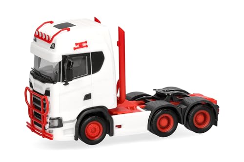 Herpa modèle Camion Scania CS 20 HD Tracteur Routier 3 essieux (6x4), Blanc/Rouge, Miniature à l’échelle 1:87, pièce de Collection, Made in Germany,...