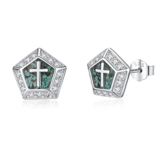 Cross/Viking Stud Earrings for Men Women 925 Sterling Silver Turquoise Earrings Religious Jewelry Valentines Birthday Gifts Halloween Christmas