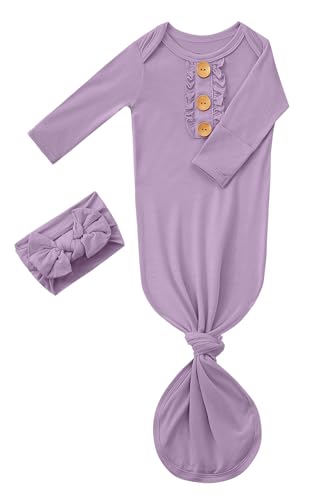 SUZEL Newborn Baby Girls Knotted Gown Headbands Set Soft Viscose from Bamboo Infant Sleeper Baby Sleep Gown with Mittens (Dusty Purple, 0-3M)