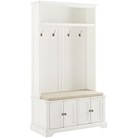 Crosley Furniture Holbrook Hall Tree with Shoe Rack Bench and Coat Hooks for Hanging Storage, Distressed White Cover