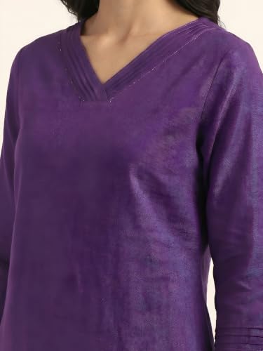 Image of BLOCKS OF INDIA Women's Solid Straight Kurta Set | Hand-Stitched Neck Details with Pintucks | Comfortable Pants with Pockets, Elastic Waist & Drawstring Fit