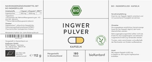 Ingwer Kapseln BIO | 180 Stück vegane Kapseln | Ingwerpulver vegan und ohne Zusätze | in Deutschland hergestellt | bioKontor