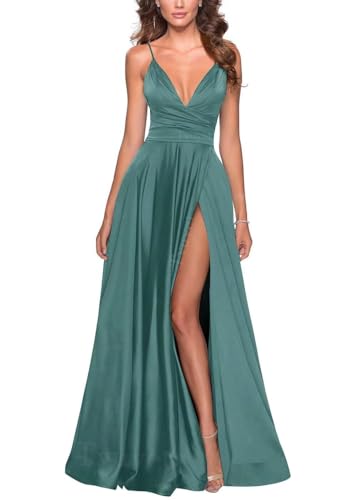 Image of Tvuyet Satin Bridesmaid Dresses with Slit Pleated A Line Spaghetti Straps Formal Prom Evening Gowns