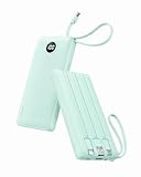 VRURC Portable Phone Charger for iPhone, 10000mAh Power Bank Built in Cables & Lanyard, Slim USB C Battery Bank 5 Outputs for Multi Devices,Travel Essential for College Students Teen Boys Girls-Green