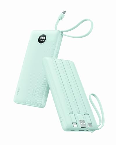 Image of VRURC Portable Charger for iPhone, Compact Travel Power Bank 10000mAh, USB C Battery Pack 4 Outputs 3 Inputs, Slim Phone Charger with Cables for iPhone 17 16 15 14 13,Samsung Galaxy-Green(1 Pack)
