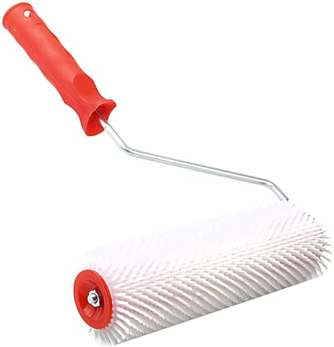 Image of 9 Inch Spiked Roller for Self Leveling Cement, Epoxy Floor Spike Roller with Red /yellow Handle, White Spikes, Metal Rod for Concrete and Epoxy Applications