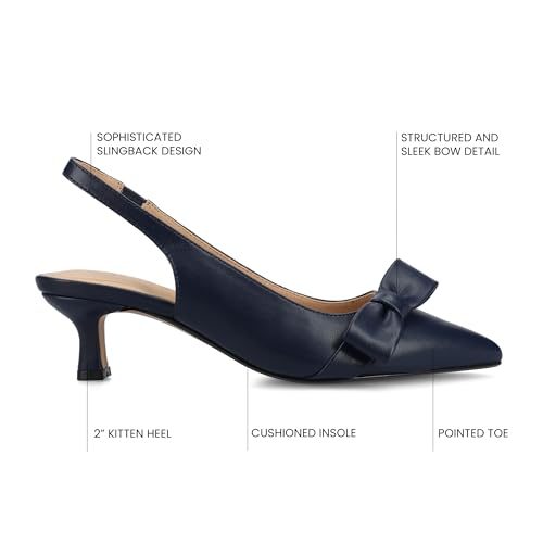 Journee Collection Womens Paloma Sling Back Pumps Dress Shoes Satin Bow Cushioned Kitten Heel Pointed Toe Pull On Navy 9 Medium WOMENS US3