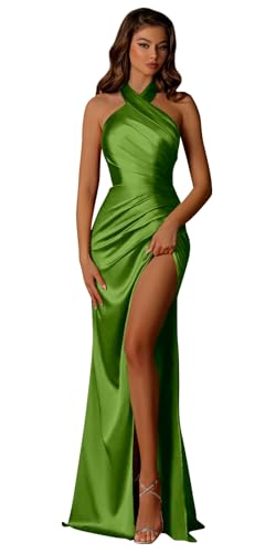 Image of OFEECHUN Halter Satin Bridesmaid Dresses for Women Mermaid Prom Dress Long Evening Formal Gowns