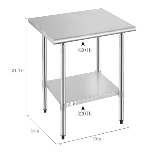 Image of ROCKPOINT Stainless Steel Table for Prep & Work 24x30 Inches, NSF Metal Commercial Kitchen Heavy Duty Table with Adjustable Under Shelf and Table Foot for Restaurant, Home and Hotel