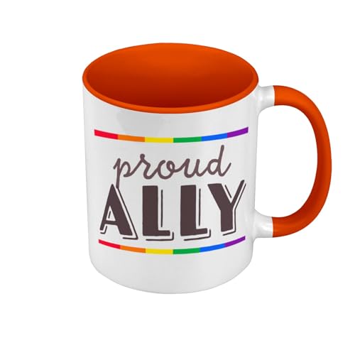 Proud Ally LGBTQ+ Tasse, Farbe Premium Qualität, Orange – Gay Lesbian Hétéro Trans – Tasse mit Henkel und farbigem Innenfutter