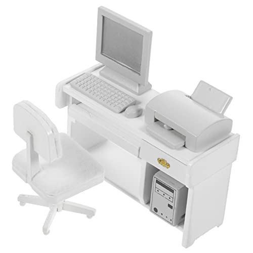 FRCOLOR Casita Muñecas Niñas Escritorio Blanco con Ordenador Impresora y Accesorios Decoración Detallada para Casa Muñecas y Infantil