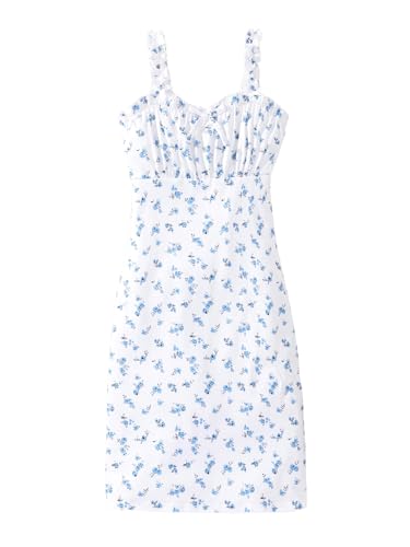 COZYEASE Girls' Ditsy Floral Ruched Frill Trim Cami Dress Sleeveless Bodycon Mini Dress White and Blue 10 Years