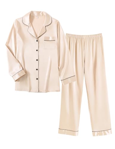 Image of Ekouaer Women Satin Pajamas Set Classic Button Down Long Pjs Set