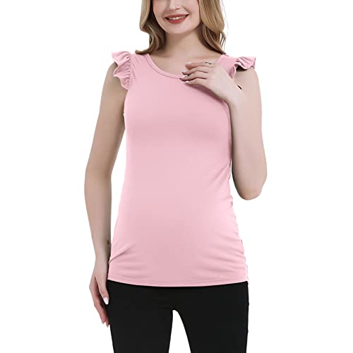 Debelly Maternity Tunic Tops Ruffle Cap Sleeve Round Neck Women Pregnancy Tee Shirts Cute Summer Loose Postpartum Clothes,Pink,L #TOP2