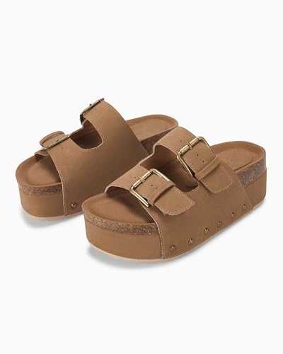 Coutgo Women's Cork Platform Sandals Slip on Mules and Clogs Double Buckle Straps Summer Shoes4