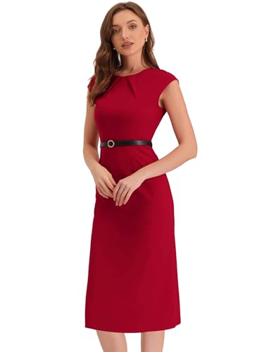 Image of Allegra K Business Dress for Women's Work Elegant 2026 Cap Sleeve Belted Office Sheath Dresses