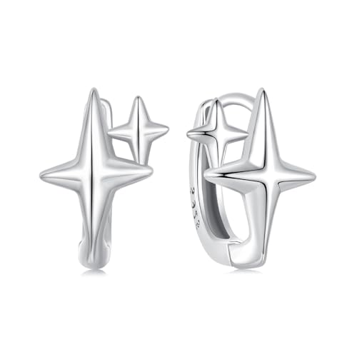 WOSTU CZ Huggie Hoop Earrings 925 Sterling Silver Double Star Hypoallergenic Ear Buckles for Women Jewelry Gift