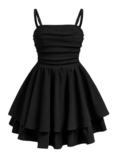 EXARUS Girls Formal Dress Teen Ruffled Flowy Ruched Spaghetti Strap Homecoming Dance Party Tween Dresses 8-14Y