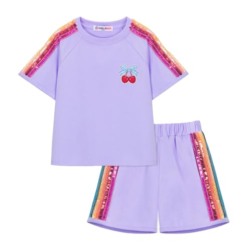 Image of WELAKEN Girls 2 Piece Outfit Kid Toddler Heart & Rainbow Sequin Striped T-shirt and Shorts Clothing Set