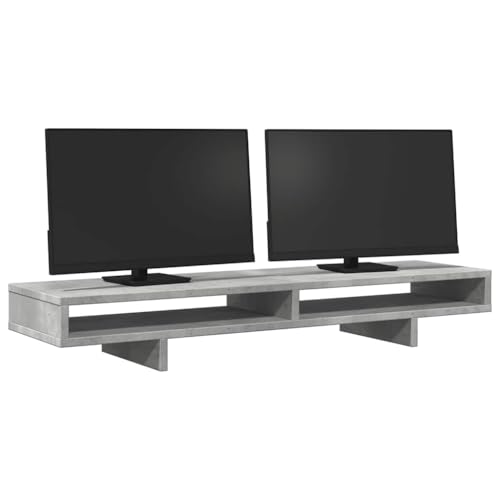 Support de moniteur en bois gris béton 100 cm rehausseur écran de bureau avec niches