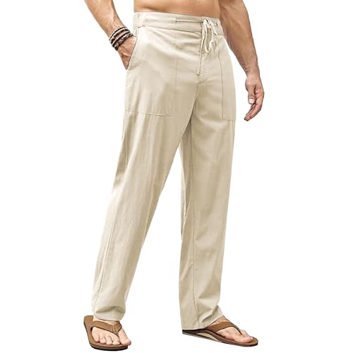 Men’s White Linen Pants Elastic Waist Drawstring Loose Fit Summer Beach Casual Trousers2