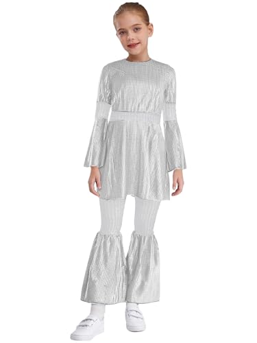 Alvivi Trajes de Disco Eclatantes para Niñas con Tops de Lentejuelas y Pantalones Campana para Cosplay de Disco Plata 15-16 años