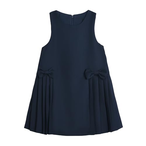 LittleSpring Girls Sleeveless Dress School Uniform Jumper Dress Navy Blue Pleated Hem Back Zipper Size 7-8 Cotton Round Bow Fashion