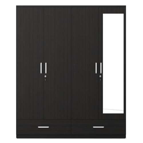 Image of Spacewood Linden Wardrobe | 3 Year Warranty | Almirah, Cupboard, Almari, 4 Door Wardrobe with Mirror, 3 Drawer (1 Lock Drawer) and 2 Hanging Space & 1 Internal Locker |Engineered Wood| Natural Wenge