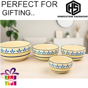 Image of HS Hindustani SAUDAGR Lemon Leaf Bloom Multi Size Ceramic Bowls 1000 ML, 750 ML, 500 ML and 350 ML, Set of 4 Microwave Safe Bowls katori Ideal for Snacks Rice dal Desserts and Gifting.