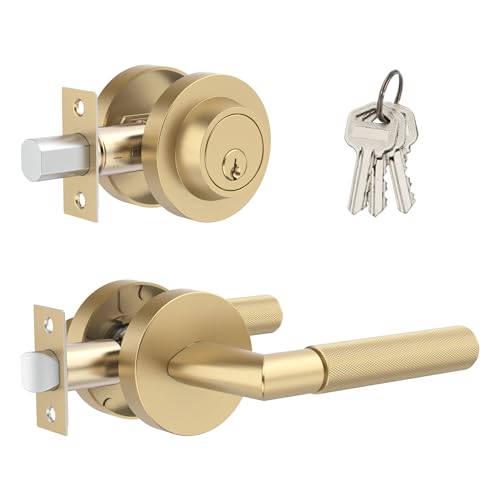 Zylaria 2 Pack Brushed Gold Knurled Entry Deadbolt & Passage Handle Combo by Zylaria - Used condition - US$87.11