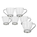 Gissed Set de 6 Tazas de Vidrio para Té y Café, 170 ml, Asas Metálicas, Uso Manual