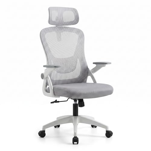 Silla de Oficina Ergonómica con Respaldo de Malla Transpirable, Soporte Lumbar y Altura Ajustable, Silla Escritorio Giratoria con Ruedas 360° (Cabecera y Brazos abatibles Blanca)