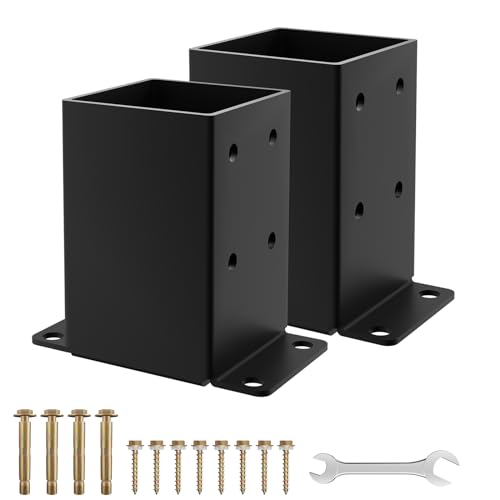 4x4 Post Base 2PCS, Inner Size 3.5x3.5 Inch Fence Post Anchor, Rust-Proof Heavy Duty Metal Black Powder-Coated Railing Post Brackets, for Support Deck, Pergola, Includes Screws