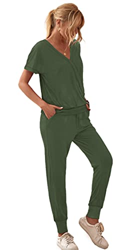 Wiholl 2 Piece Outfits For Women Pants Sets Sexy V Neck Wrap Tops Fashion Sweatsuits,Army Green,S #TOP1