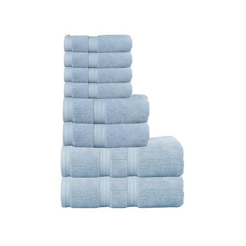 Home Weavers Elegance Essentials 550GSM 100% Cotton Zero Twist Super Absorbent Bath Towel Set (2 Bath Towel, 2 Hand Towel & 4 Washcloth) - (Set of 8), Blue