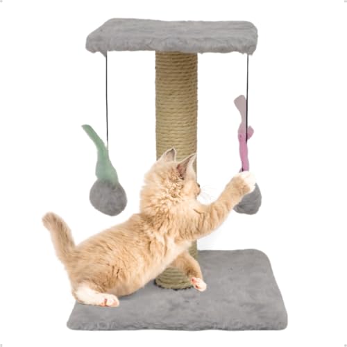 Arranhador Para Gatos Pet Poste Duplo Cinza Sisal Brinquedo Com Bolinha Pena Duas Bases Carpete Anti Stress Anfia Unhas