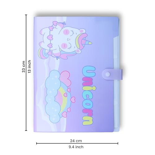 Image of SPS A4 Expanding File Folder - Pack of 4 | Unicorn Theme | 5 Pockets | Pastel Colors - Blue, Purple, Green, Pink | Snap Button Closure | Fits A4 & Letter Size | Cute & Kid-Friendly