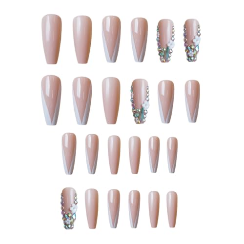 White French Tips Press on Nails Long Square Fake Nails Rhinestone Glue on Nails Flower Charm Stick on Nails Nude False Nails Glossy Reusable Acrylic Nails for Women Girls Manicure 24pcs - Thumbnail 3