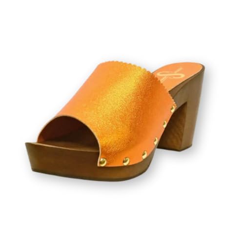 Mule talon haut orange laminé sabot élégant pour femme