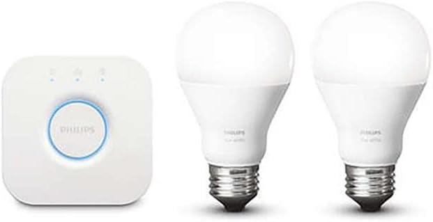 Philips Hue White A19 60W Equivalent Dimmable LED Smart Bulb Starter Kit (2 A19 60W White Bulbs and 1 Hub Compatible with Amazon Alexa Apple HomeKit and Google Assistant), 2 Pack