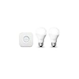 Hue White A19 60W Equivalent Dimmable LED Smart Bulb Starter Kit (2 A19 60W White Bulbs and 1 Hub Compatible with Amazon Alexa Apple HomeKit and Google Assistant), 2 Pack