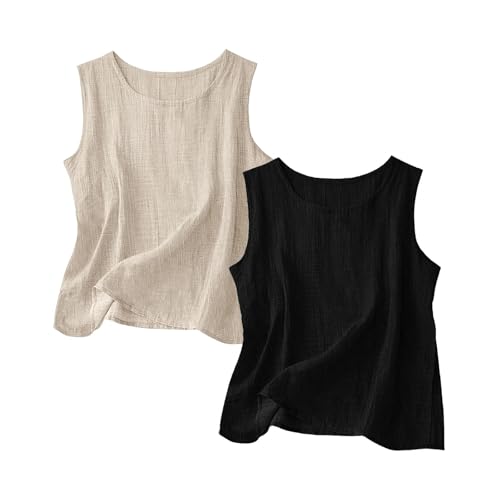 Image of 2 Pack Vest Cotton Linen Tank Tops for Women UK, Summer Sleeveless T-Shirt Crew Neck Lounge Vests Lightweight Breathable Cami Solid Color Loose Fit Casual Tee Shirts Trendy Blouse Ladies Tank Top