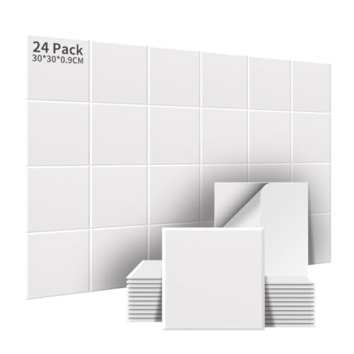AsmeSonic 24 Piezas Paneles Acústicos Autoadhesivos, Paneles Acústicos de Alta Densidad Absorbentes de Sonido, Tratamiento Acústico y Decoración de Pared para Estudio de Grabación, 30x30x0.9cm, Blanco