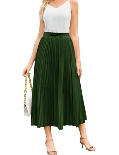 Flygo Pleated Skirts for Women Elastic High Waist A-Line Midi Skirt Casual Flowy Swing Pleated Skirt(Green-L)2