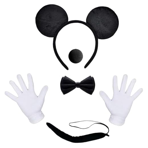 BJPERFMS Disfraz Raton Niño, Orejas Mickey, Orejas Minnie, 5 Piezas Diademas Orejas de Ratón, Minnie Costume Mouse, Mouse Diadema, Orejas Mini Mouse, Guantes, Nariz, Pajarita, para Cosplay