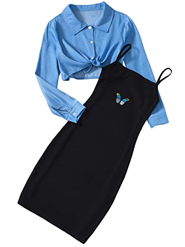 OYOANGLE Girl's 2 Piece Outfit Butterfly Patched Cami Dress with Long Sleeve Button Down Crop Shirt Set